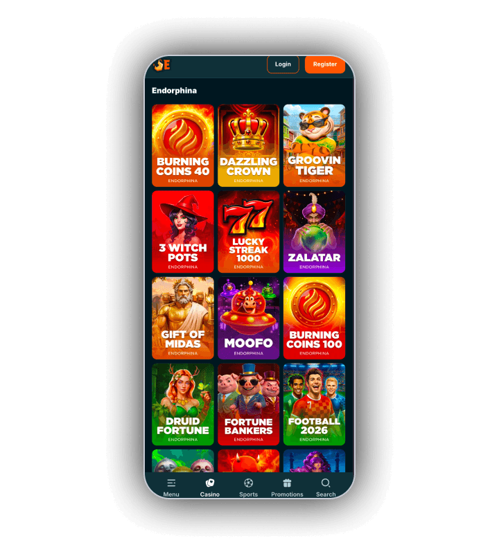 Hall de jeux EmberBet avec les rayons de machines à sous et la recherche